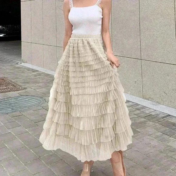 Khaki Boho Womens Solid Layer Ruffle Hem Mesh Skirt - Picture 4 of 5